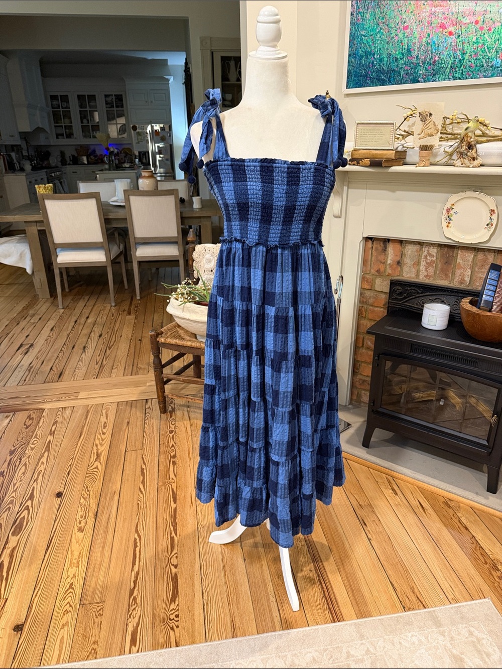 Crown & Ivy Blue Gingham Smocked Midi Dress with Tie Shoulders Med.